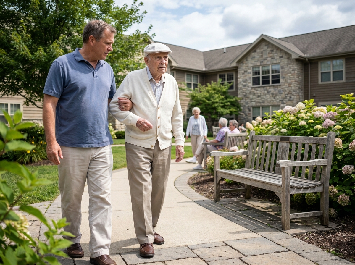 Aide-soignant accompagnant un senior dans un jardin