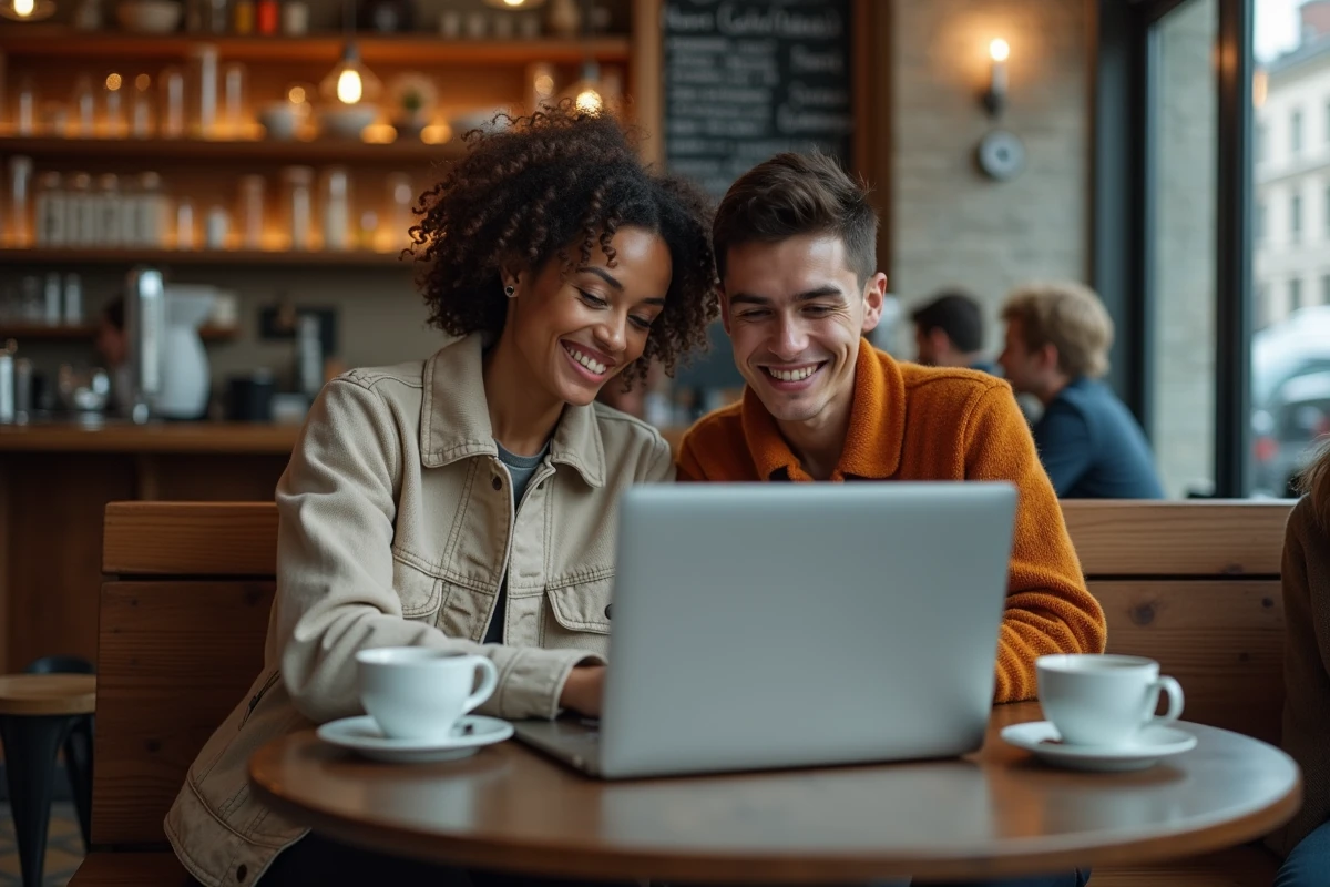 Deux amis découvrant ensemble les dernières tendances et actualités sur un ordinateur portable dans un café urbain