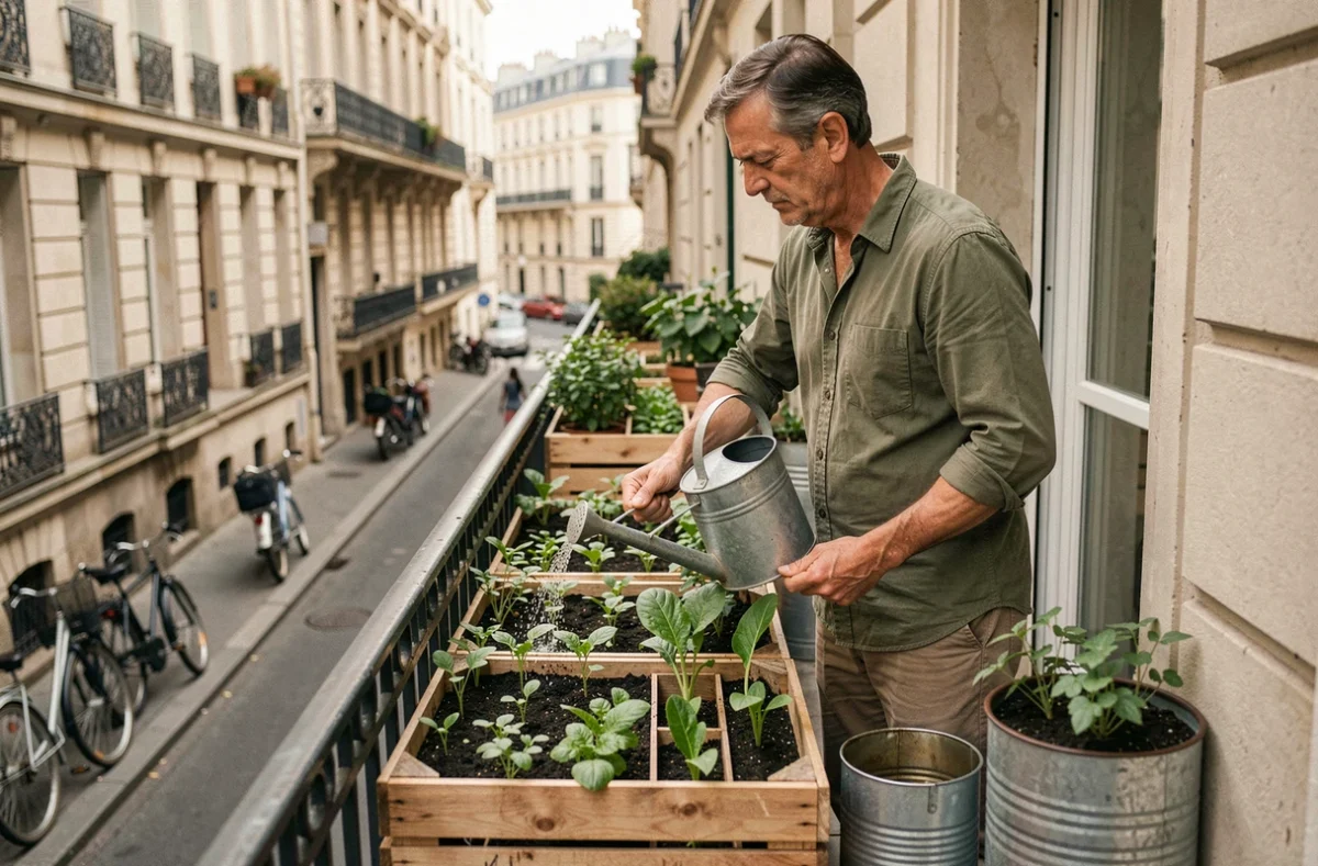 Homme arrosant des légumes bio en bacs recyclés sur un balcon parisien étroit dans un immeuble haussmannien