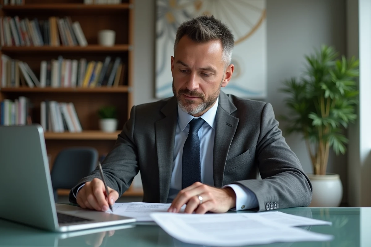 Coach entrepreneur concentré travaillant dans un bureau moderne avec livres de développement personnel et notes