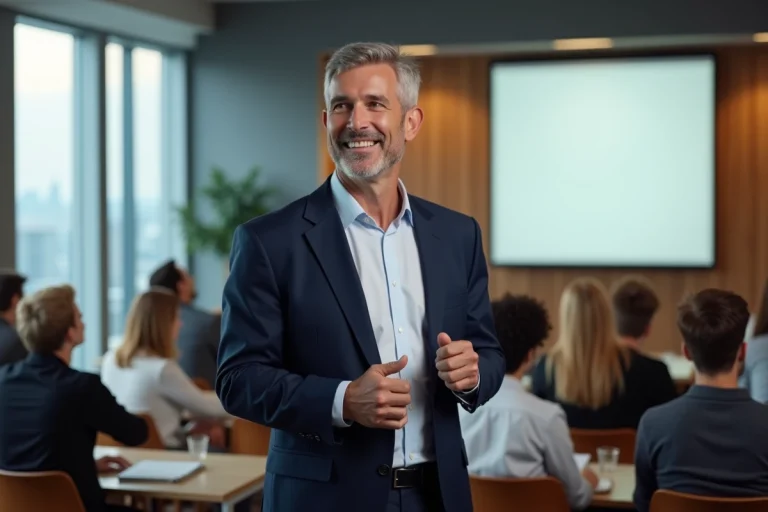Coach de formation professionnel s'adressant à un public lors d'un séminaire en salle moderne avec vue urbaine