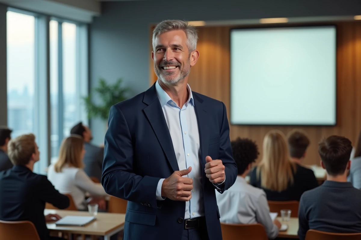 Coach de formation professionnel s'adressant à un public lors d'un séminaire en salle moderne avec vue urbaine