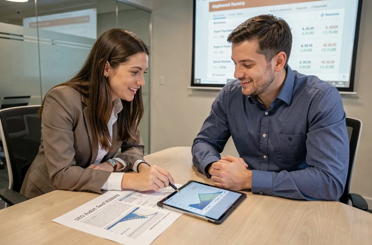 Deux collègues collaborant sur un audit SEO et une stratégie de visibilité web en salle de réunion