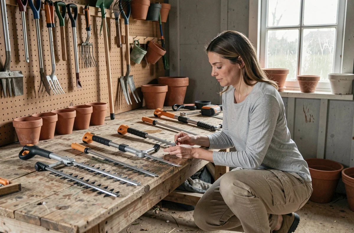 Femme comparant différents modèles de taille-haies posés sur un établi en bois dans un atelier de jardin