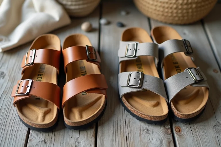 Comparaison de sandales Birkenstock et Bayton posées côte à côte sur une surface en bois patiné, vue de dessus