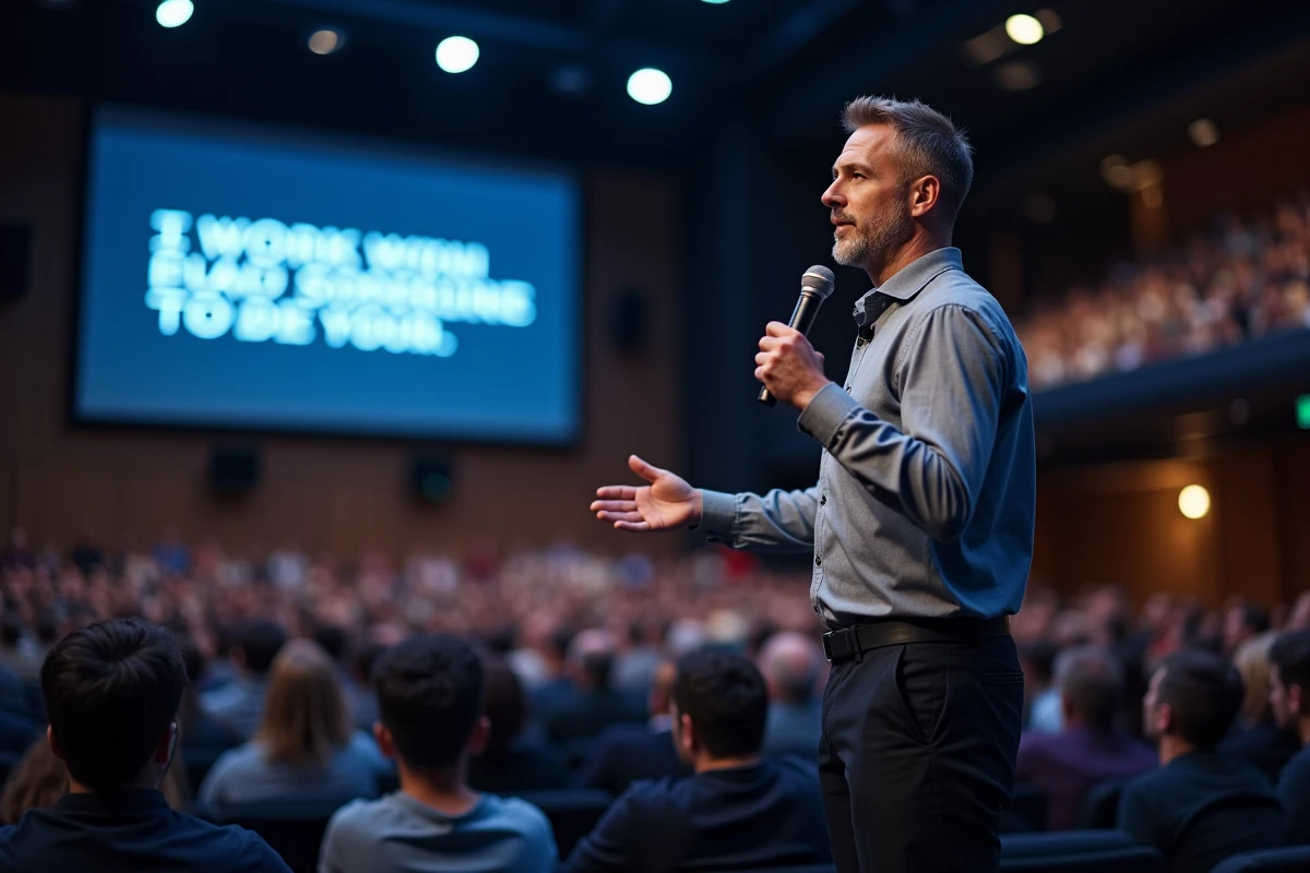 Conférencier coach sur scène lors d'un grand événement de formation professionnelle devant un auditoire