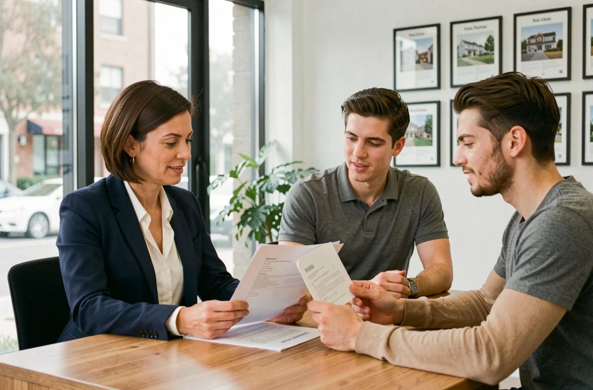 Agent immobilier conseillant un couple lors d'une démarche immobilière dans une agence moderne