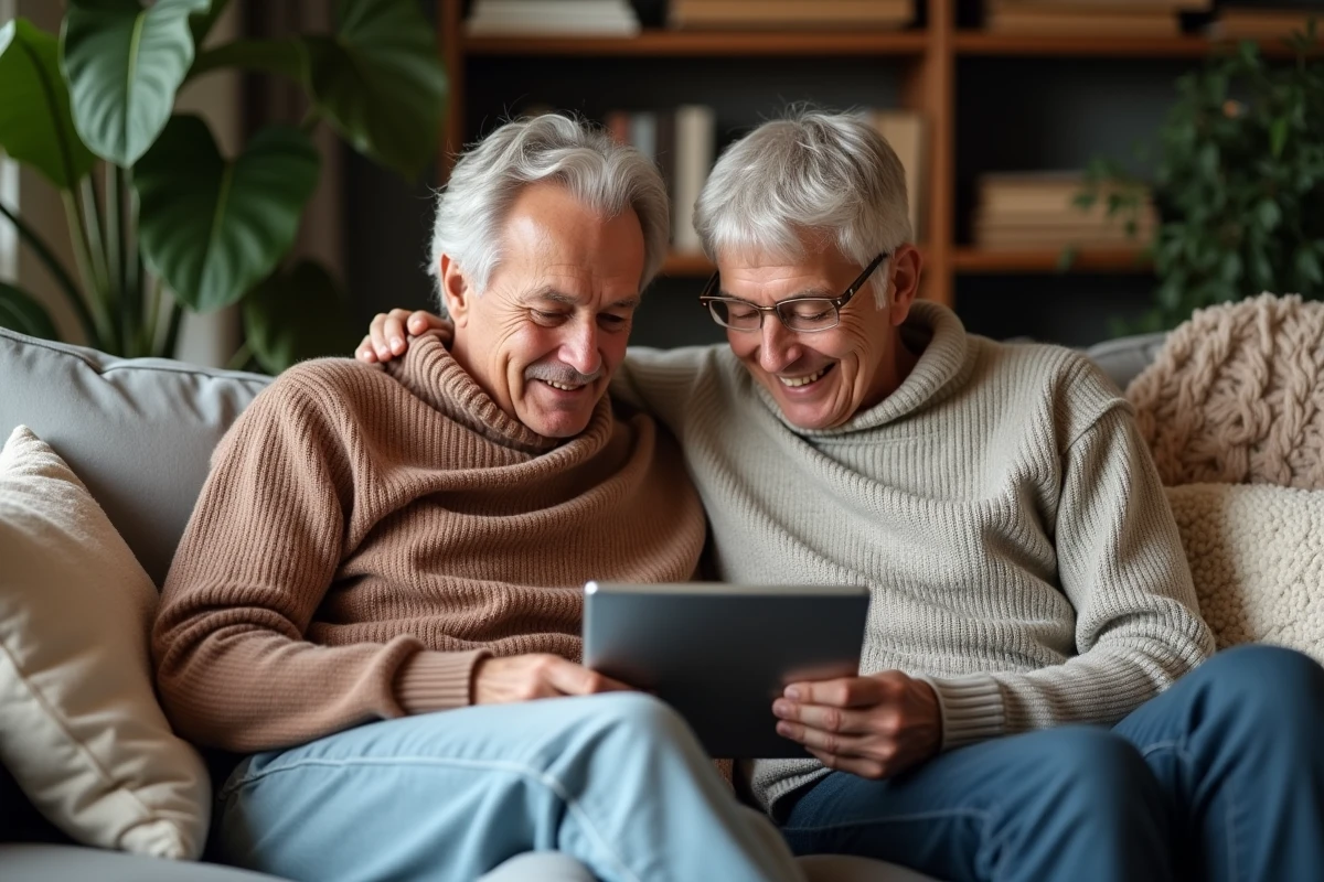 Couple adulte partageant des histoires tendance sur une tablette