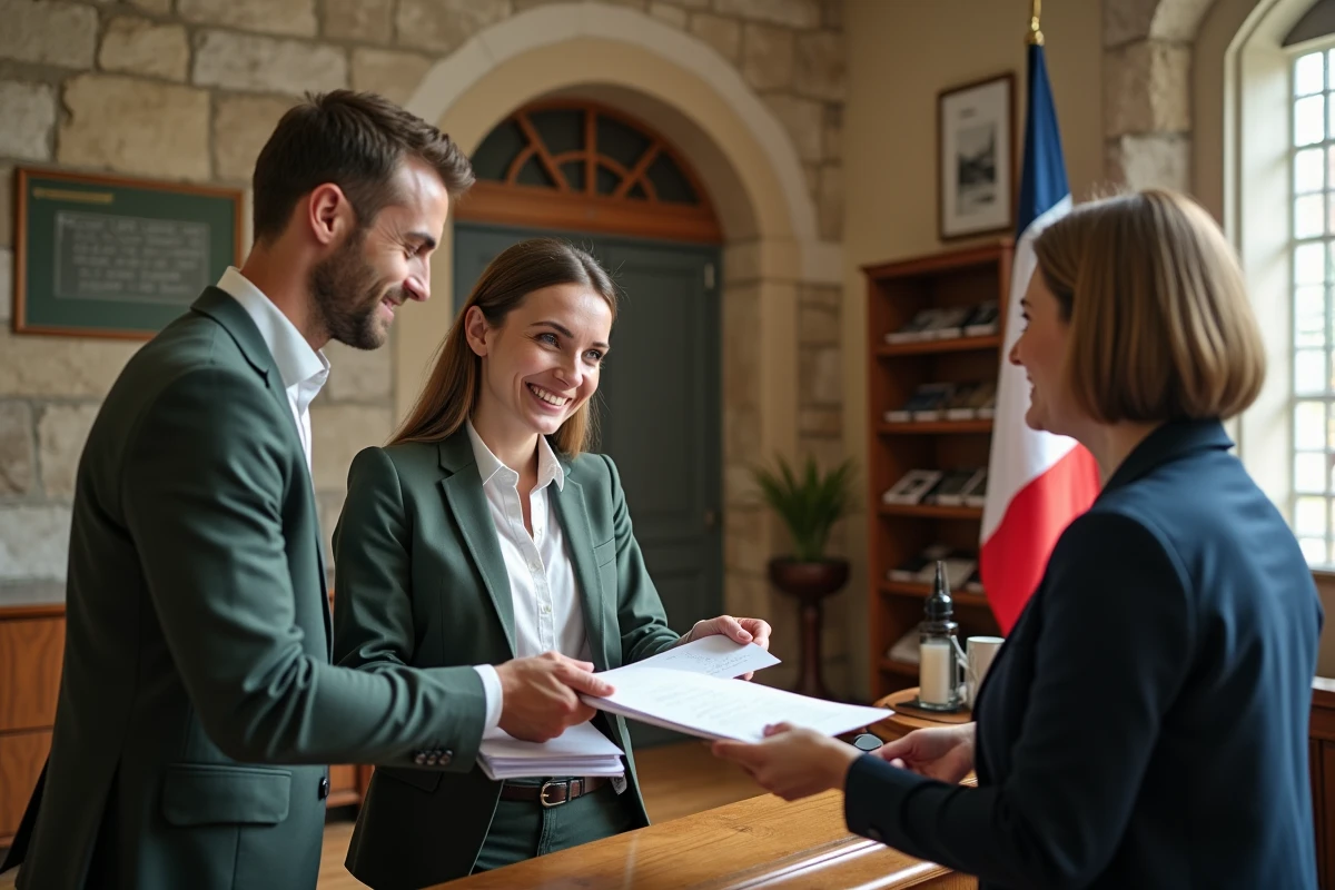 Couple déposant les documents pour la publication des bans à la mairie de Saint-Malo