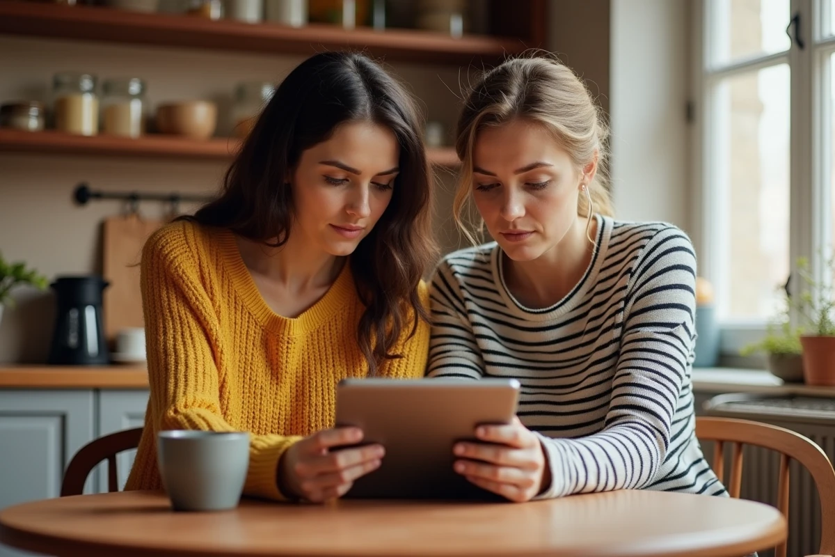 Deux femmes analysant ensemble un avis sur une plateforme bien-être autour d'une tablette dans une cuisine chaleureuse
