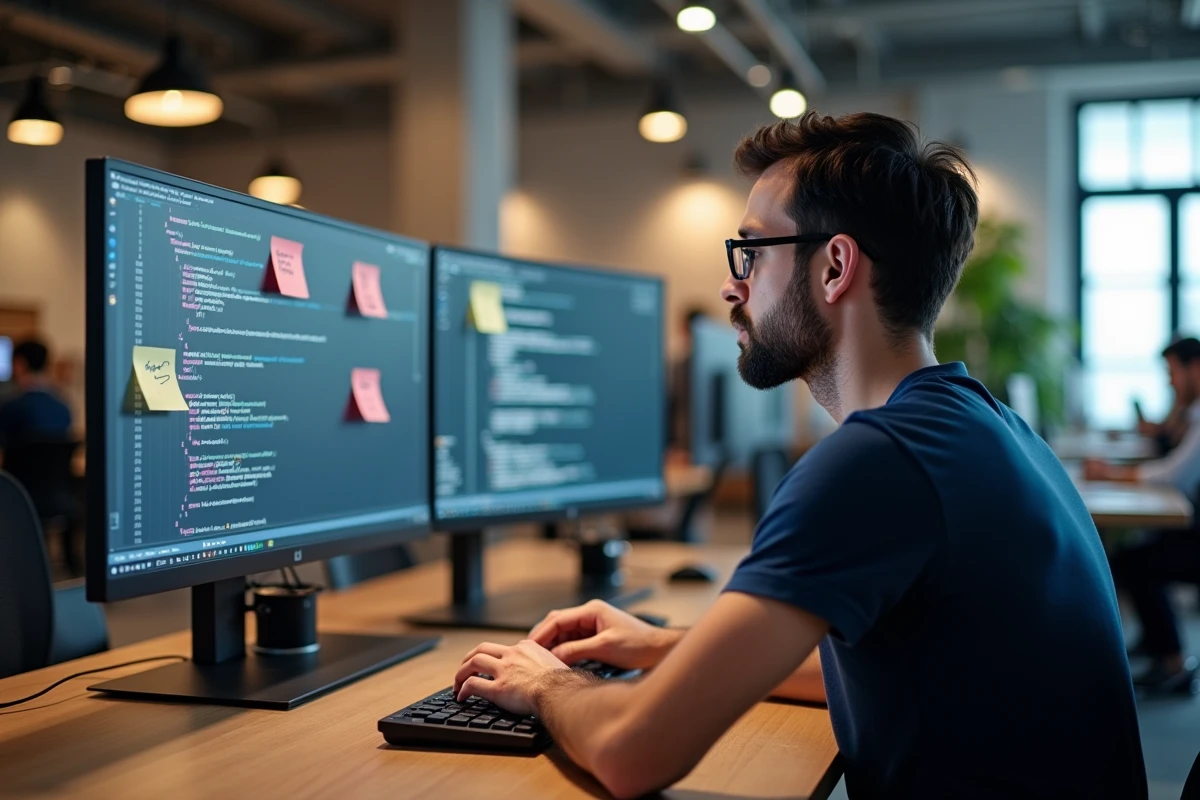 Développeur web masculin apprenant JavaScript dans un espace de coworking moderne avec moniteur et notes manuscrites