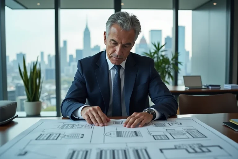 Dirigeant d'une société immobilière analysant des plans architecturaux dans un bureau moderne avec vue sur la ville