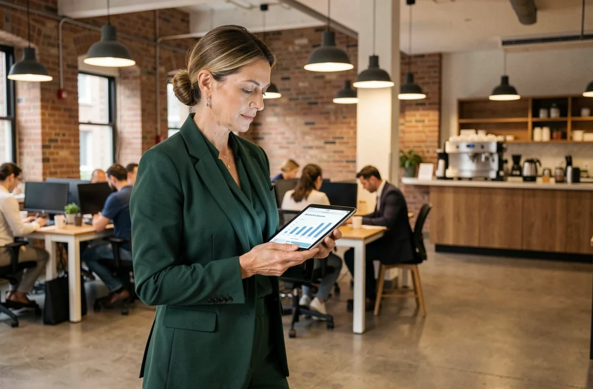 Dirigeante d'entreprise consultant des statistiques de croissance sur une tablette dans un espace de coworking dynamique