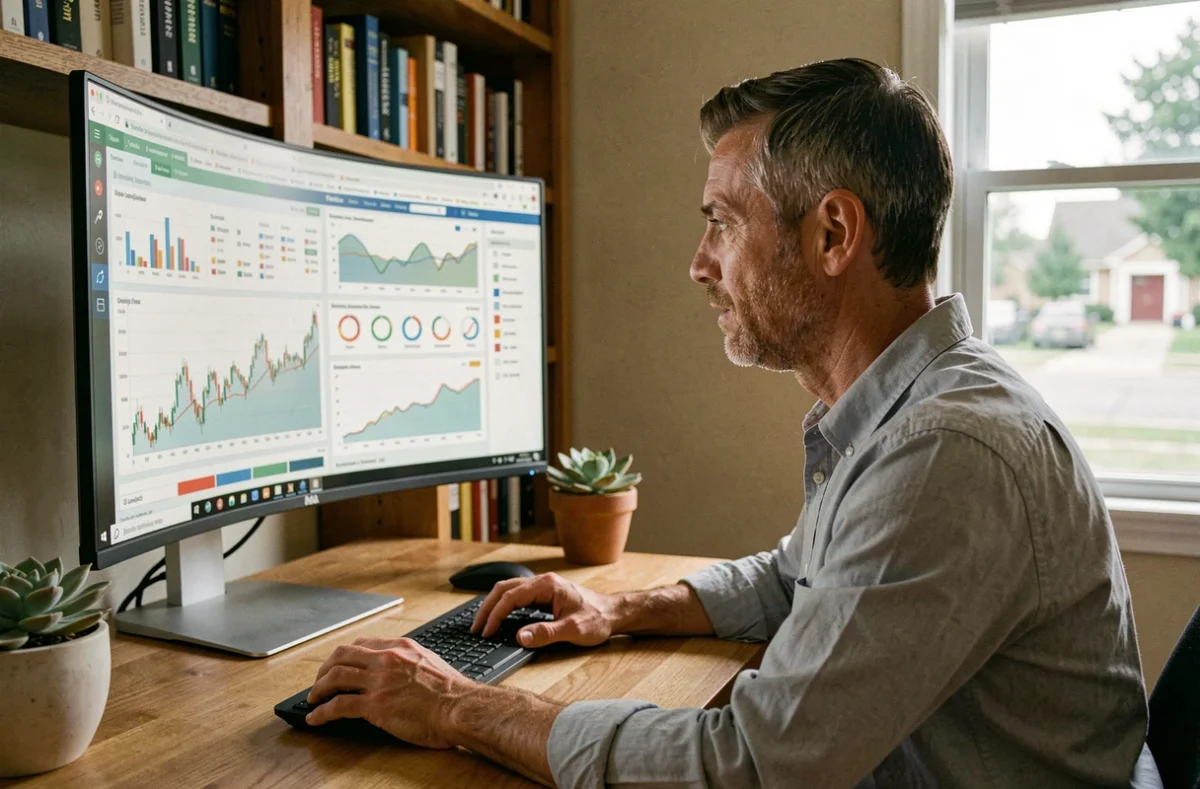 Entrepreneur analysant des données de marché et des indicateurs de croissance business sur un ordinateur depuis son bureau à domicile