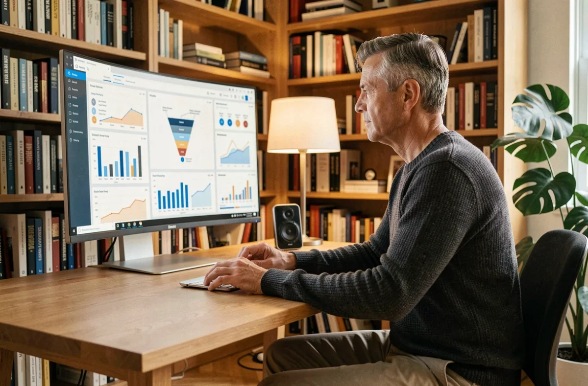 Entrepreneur masculin analysant des tableaux de bord marketing et des données de croissance sur un écran large dans un bureau à domicile