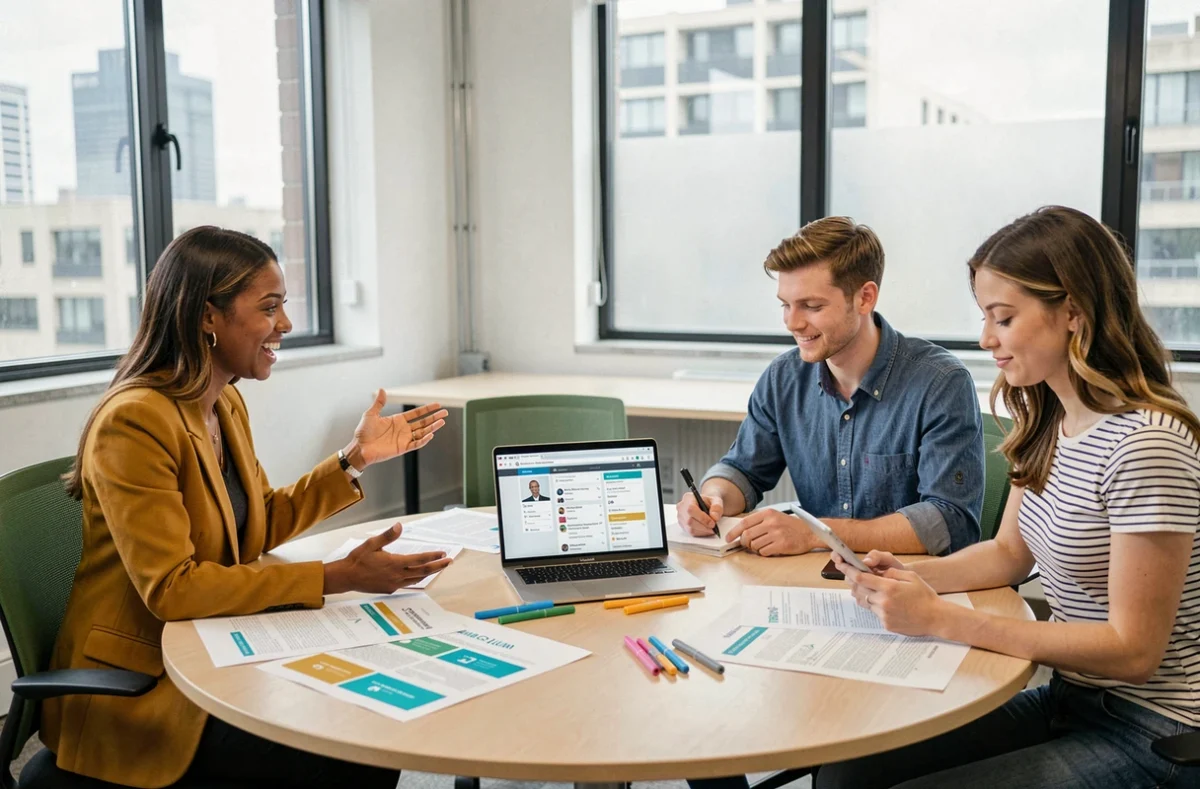 Équipe marketing diversifiée collaborant autour d'une table de réunion sur une stratégie de croissance d'entreprise dans un espace de coworking
