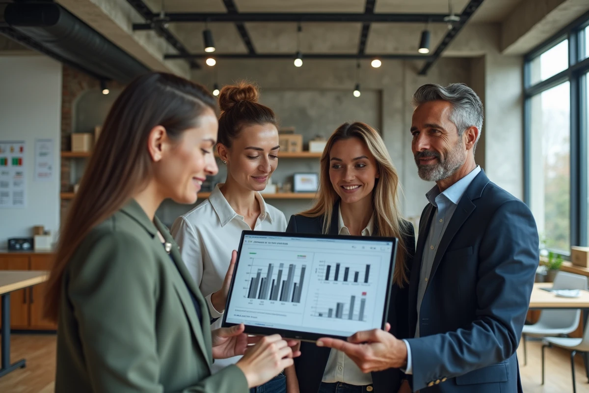 Équipe de professionnels immobiliers discutant de données économiques et de modèles commerciaux dans un open space