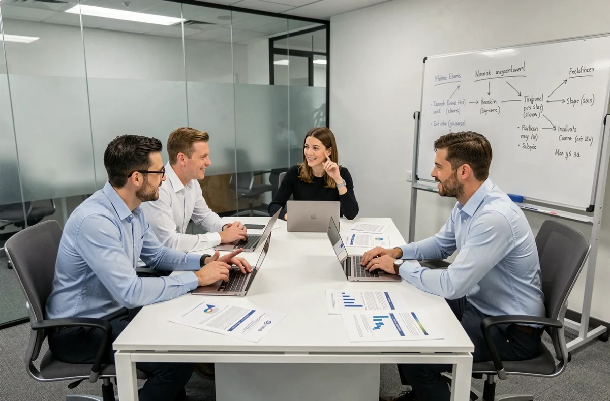Équipe professionnelle en réunion stratégique autour d'un tableau de bord et de rapports business pour stimuler la croissance