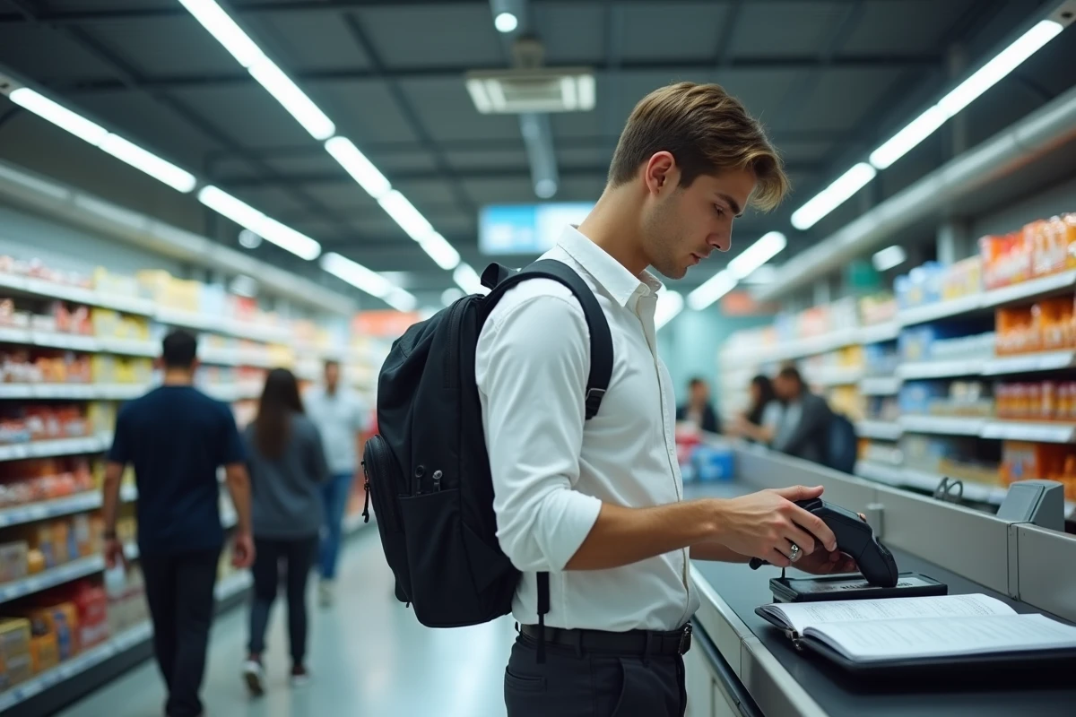 Étudiant travaillant comme caissier dans un supermarché tout en gérant ses études et sa bourse universitaire