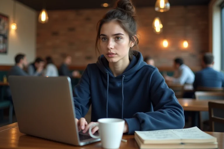 Étudiante travaillant sur son ordinateur portable dans un café tout en jonglant entre emploi et études universitaires