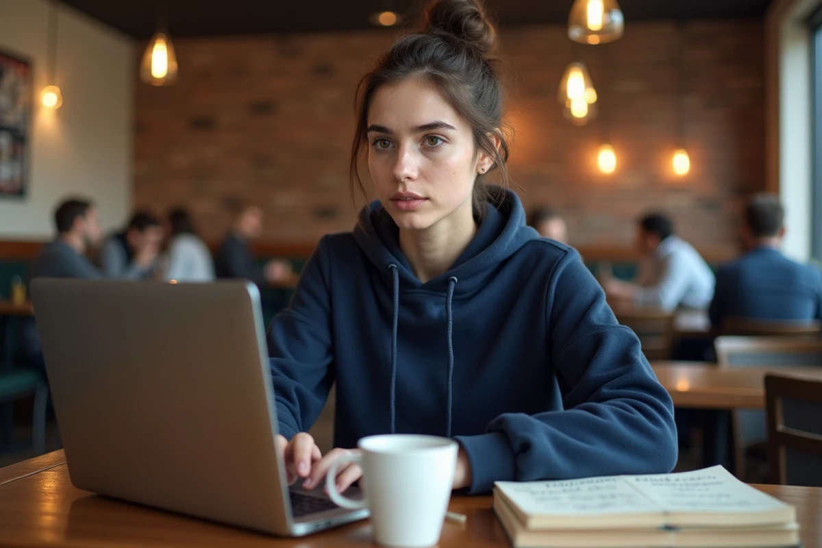 Étudiante travaillant sur son ordinateur portable dans un café tout en jonglant entre emploi et études universitaires