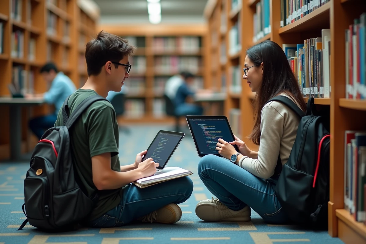 Deux étudiants collaborant sur un cours de développement web avec tablettes et cahiers dans une bibliothèque universitaire