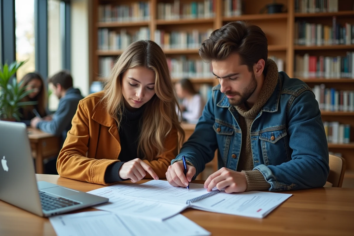 Deux étudiants consultant des documents administratifs pour maintenir leur bourse tout en travaillant à côté de leurs études