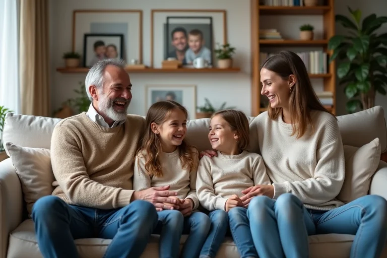 Famille souriante dans un salon chaleureux et cosy