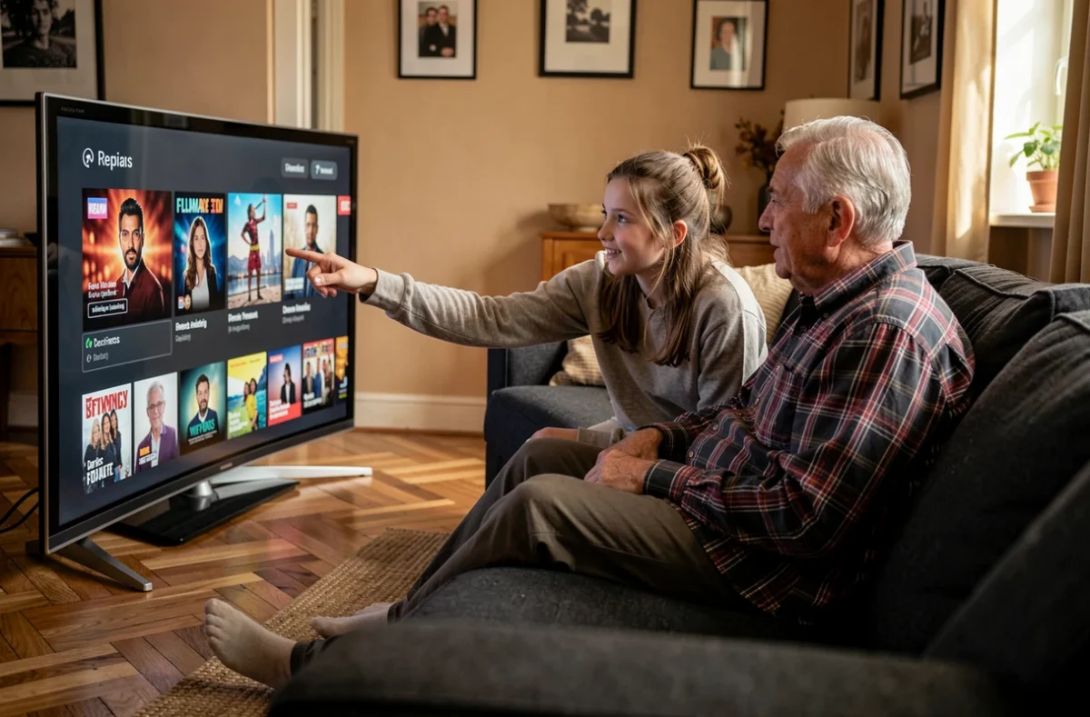 Une adolescente explique à son grand-père comment regarder le replay sur une télévision Samsung dans un salon familial