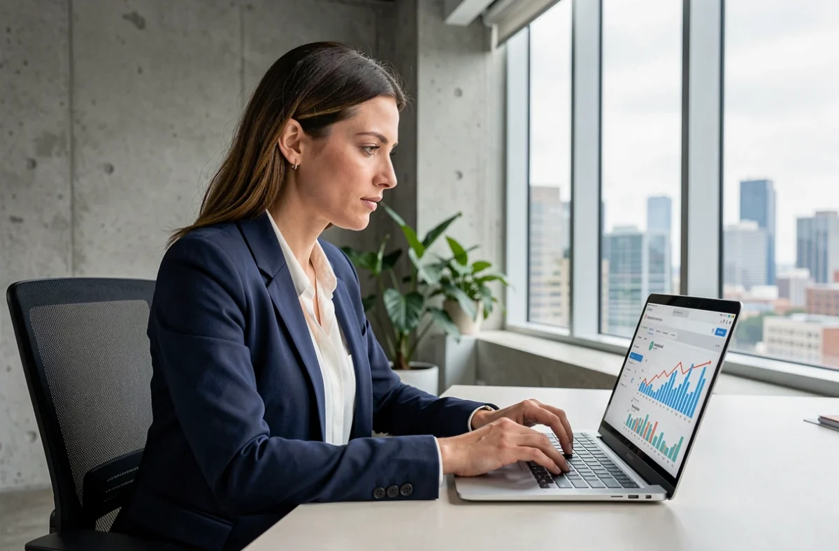 Femme professionnelle analysant des données de référencement naturel sur un ordinateur portable dans un bureau moderne