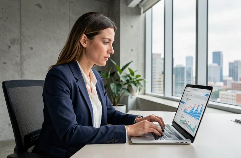 Femme professionnelle analysant des données de référencement naturel sur un ordinateur portable dans un bureau moderne