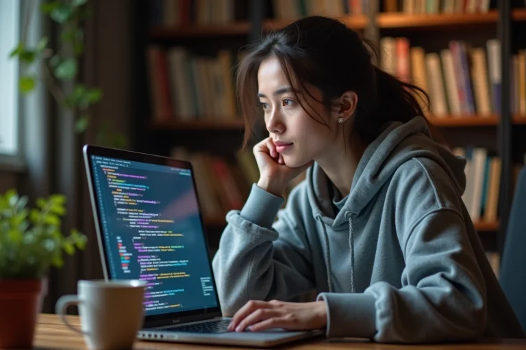 Jeune femme apprenant la programmation web sur un ordinateur portable dans un bureau à domicile entouré de livres de développement