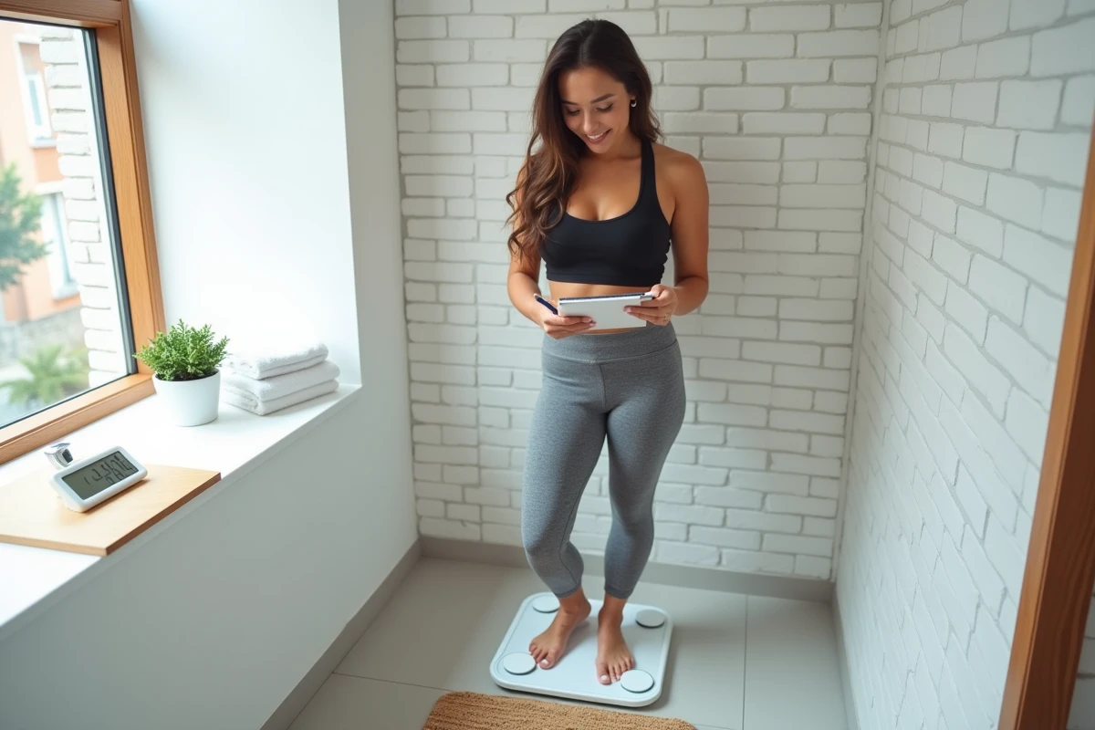 Femme mesurant sa perte de poids sur une balance numérique dans une salle de bain minimaliste moderne