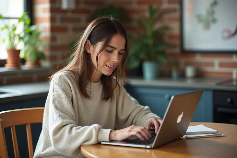 Jeune femme au bureau cosy avec ordinateur portable
