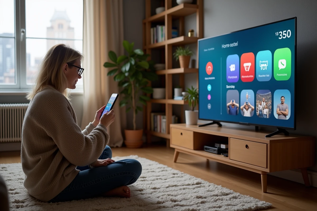 Femme utilisant son smartphone pour caster sur la TV dans un appartement urbain