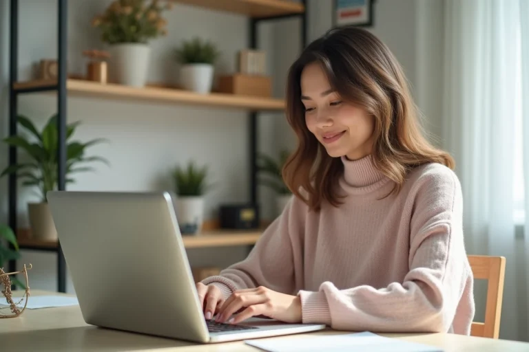Femme créant un nouveau compte email dans un bureau lumineux