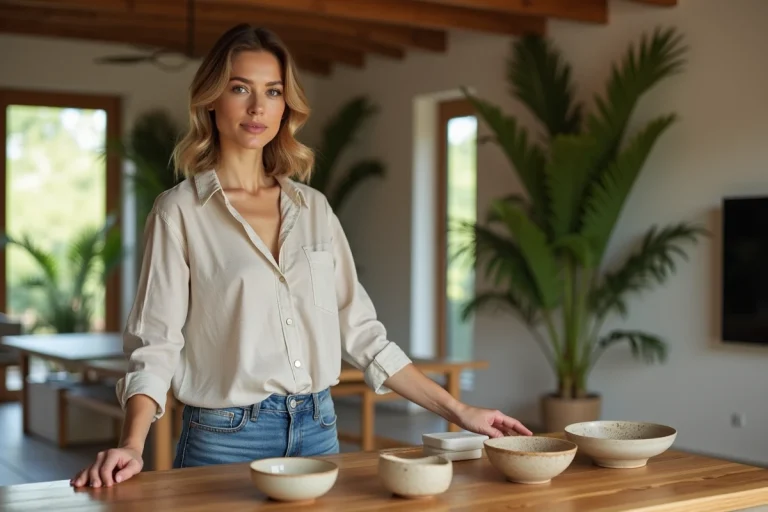 Femme dans une cuisine moderne touchant un plan de travail en bambou