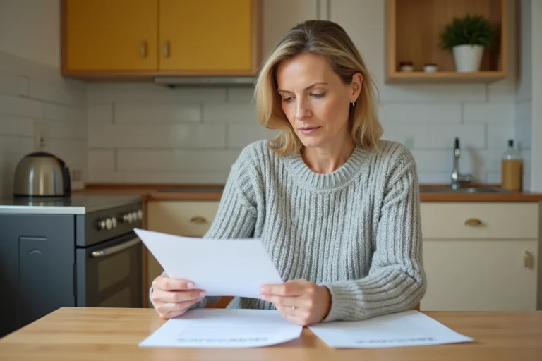 Femme consultant des documents de location dans un appartement T2 en logement social