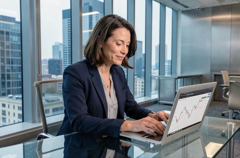 Femme investisseuse analysant des graphiques financiers sur un ordinateur portable dans un bureau moderne avec vue sur la ville