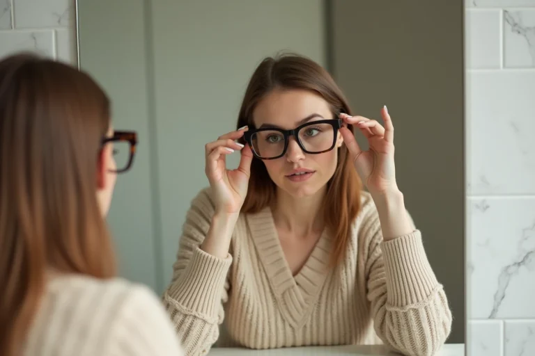 Femme essayant des lunettes à montures épaisses pour camoufler les cernes sous les yeux devant un miroir de salle de bain