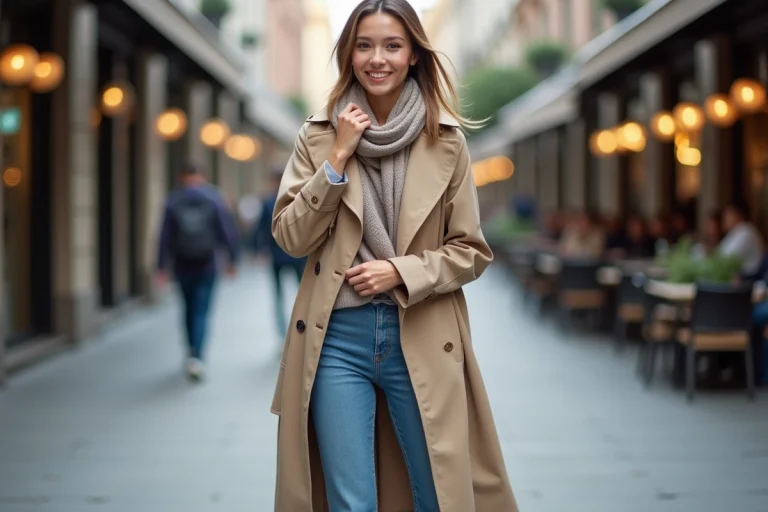 Femme élégante en trench beige ajustant son foulard en ville