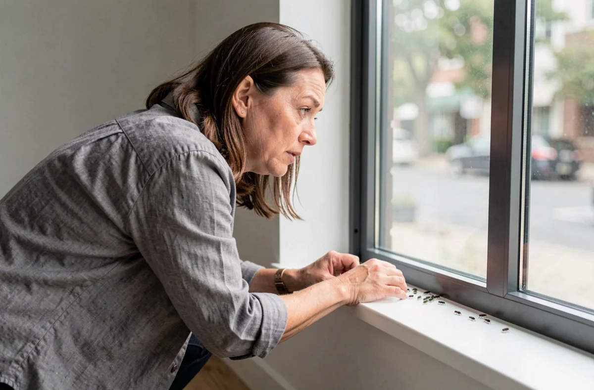 Femme observant des petits insectes noirs sur le rebord intérieur d'une fenêtre d'appartement moderne