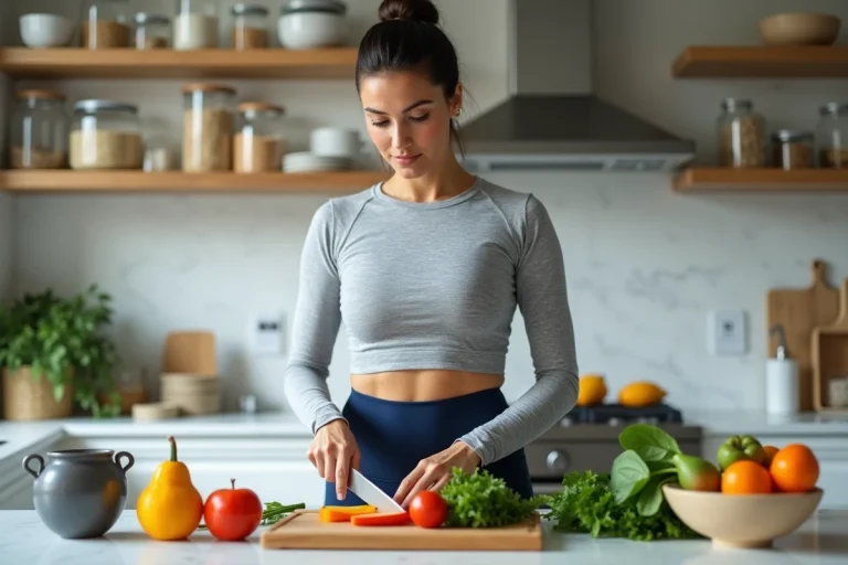 Femme préparant un repas sain avec des légumes frais dans une cuisine moderne pour perdre du poids rapidement