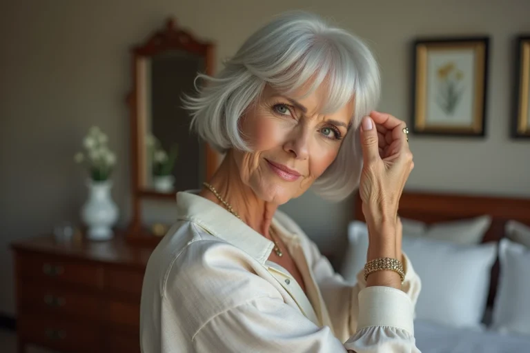 Femme de 70 ans coiffure silver élégante et moderne