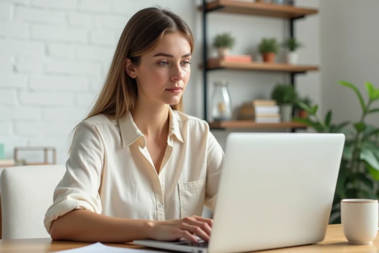 Femme consultant une solution bien-être en ligne sur son ordinateur portable dans un bureau minimaliste et lumineux