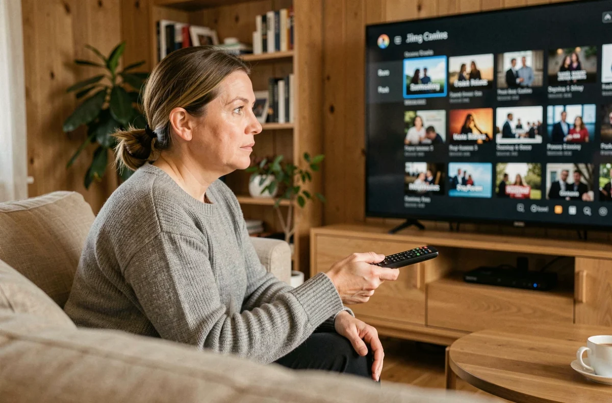 Femme utilisant la télécommande Samsung pour accéder au replay sur sa télévision connectée dans un salon moderne