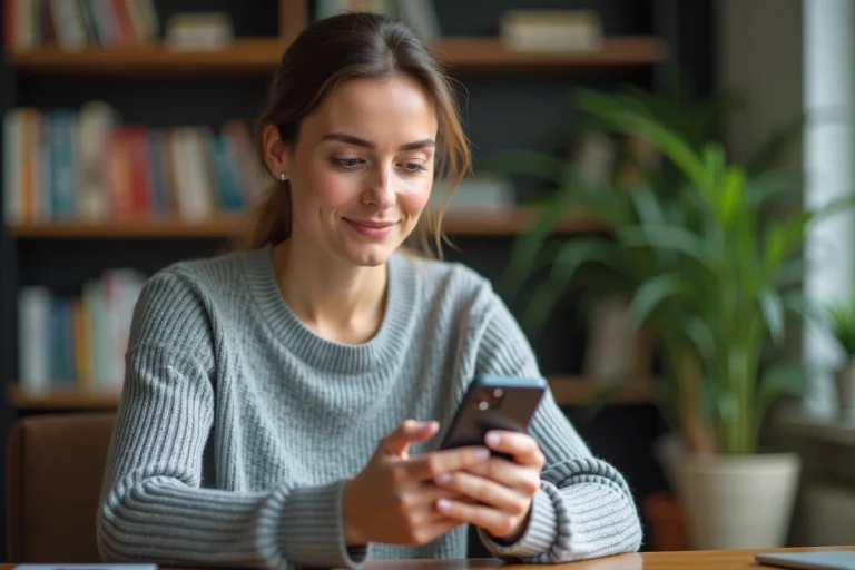 Femme utilisant l'application de téléconsultation Livi sur son smartphone à domicile