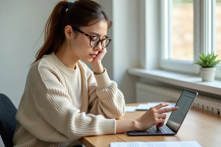 Jeune femme consultant les dernières tendances et actualités sur une tablette dans un bureau moderne
