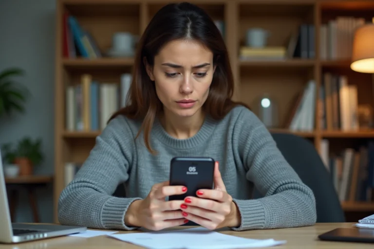 Femme tenant un smartphone affichant un numéro de téléphone commençant par 05, vérifiant s'il est surtaxé