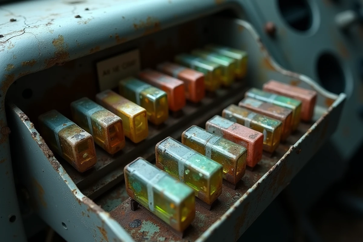 Gros plan sur un boîtier BPGA ouvert avec fusibles à verre et fusibles lame sur voiture ancienne